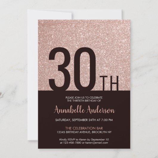 グラムモダンピンクローズ金ゴールドスパークル30歳の誕生日 招待状 (正面)
