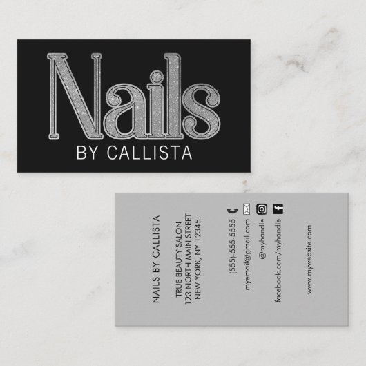 グラムモダンブラックシルバーグリッター爪、 ネイル 名刺 (正面/裏面)