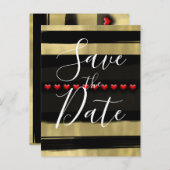 グラムモダンブラック&金ゴールド赤いハート日付を保存 案内ポストカード (正面/裏面)