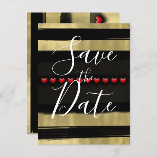 グラムモダンブラック&金ゴールド赤いハート日付を保存 案内ポストカード (正面/裏面)