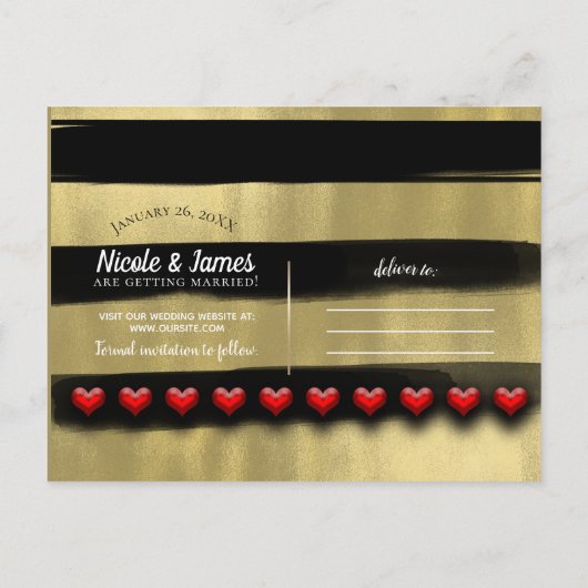 グラムモダンブラック&金ゴールド赤いハート日付を保存 案内ポストカード (裏面)