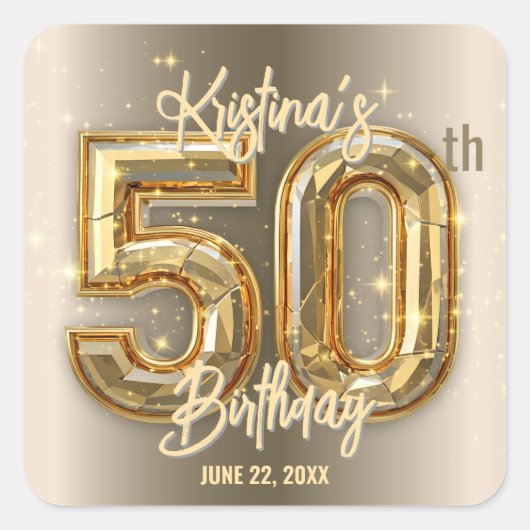 グラムモダン金ゴールドとダイヤモンドアクセント50誕生日 スクエアシール (正面)