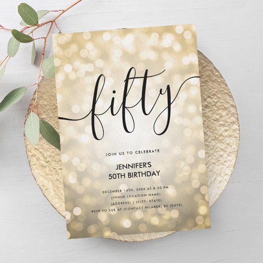 グラムモダン金ゴールドグリッターライト50誕生日 招待状