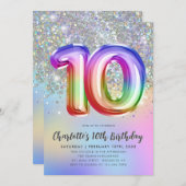 グラムレインボーグリッターフォイルバルーン10誕生日 招待状 (正面/裏面)