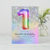 グラムレインボーグリッターフォイルパステルガール1st誕生日 招待状 (スタンド正面)