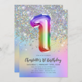 グラムレインボーグリッターフォイルパステルガール1st誕生日 招待状 (正面/裏面)