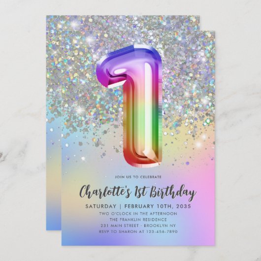 グラムレインボーグリッターフォイルパステルガール1st誕生日 招待状 (正面/裏面)