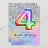 グラムレインボーグリッターフォイルパステルガール4th誕生日 招待状 (正面/裏面)