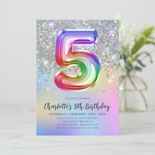 グラムレインボーグリッターフォイルパステルガール5th誕生日 招待状 (スタンド正面)
