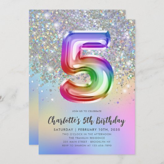 グラムレインボーグリッターフォイルパステルガール5th誕生日 招待状 (正面/裏面)