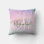 グラムレインボーユニコーングラデーショングリッターピンクモノグラム クッション (裏面)