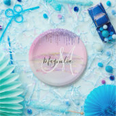 グラムレインボーユニコーングラデーショングリッターピンクモノグラム ペーパープレート (パーティー)