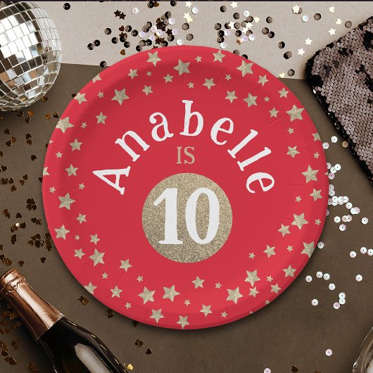 グラムレッドクールアンド金ゴールドグリッタースターズキッド誕生日 ペーパープレート