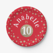 グラムレッドクールアンド金ゴールドグリッタースターズキッド誕生日 ペーパープレート (正面)