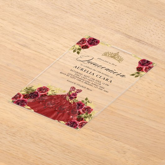 グラムレッドドレスフローラウォーターカラー15thキンセアニラ アクリル招待状 (レイダウン)