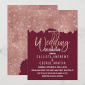 グラムレッドローズ金ゴールドグリッターカラーブロック結婚ズ 招待状 (正面/裏面)