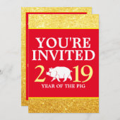 グラムレッド金ゴールド中国のグリッター2019年ピグ 招待状 (正面/裏面)