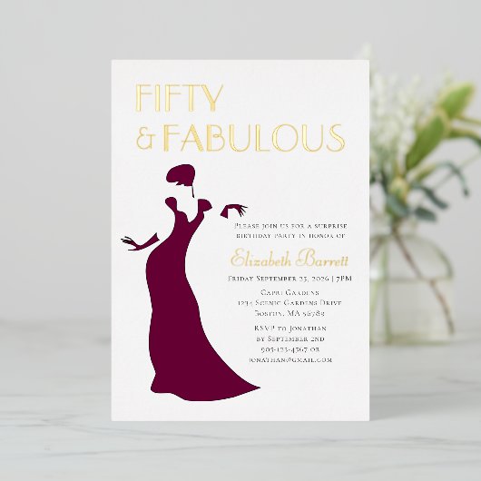 グラム夕べガウン50と素晴らしい誕生日金ゴールド 箔招待状 (立ち正面)