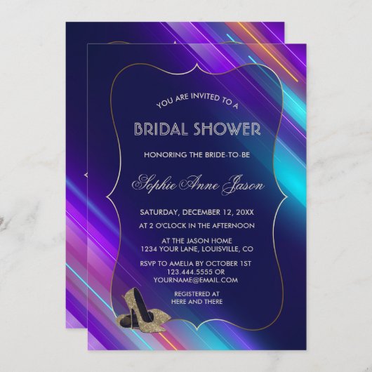 グラム抽象芸術ネオンパープルブルー金ゴールドブライダルシャワー 招待状 (正面/裏面)