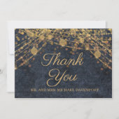 グラム素朴ブルー金ゴールドストリングライツ結婚ズ サンキューカード (正面)