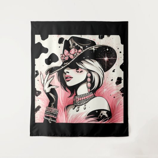 グラム素朴女性のカーボーイピンクスパークルコウィドプリント タペストリー (正面)