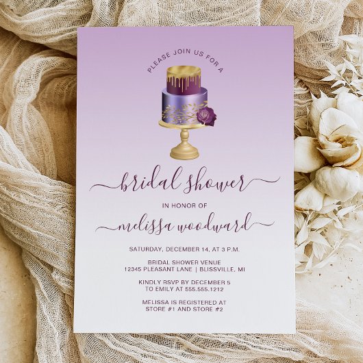 グラム結婚ズケーキパープル金ゴールドブライダルシャワー 招待状