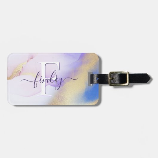 グラム薄紫金ゴールド絵を描抽象芸術エレガントモノグラム ラゲッジタグ (正面横)