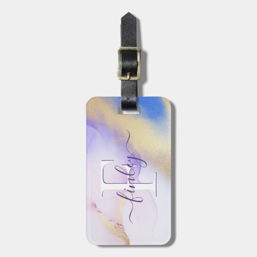 グラム薄紫金ゴールド絵を描抽象芸術エレガントモノグラム ラゲッジタグ (正面縦)
