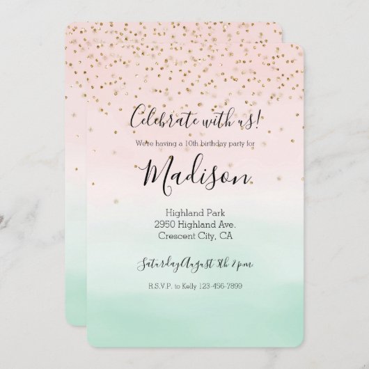 グラム赤面ガーリーピンクミント金ゴールドスパークル紙吹雪 招待状 (正面/裏面)