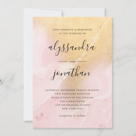 グラム赤面ピンクと金ゴールドマーブルルック | ウェディング 招待状 (正面)