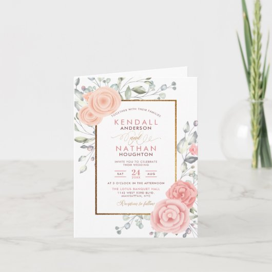グラム赤面ピンクアクアレルブラウズ春の結婚式 招待状 (正面)