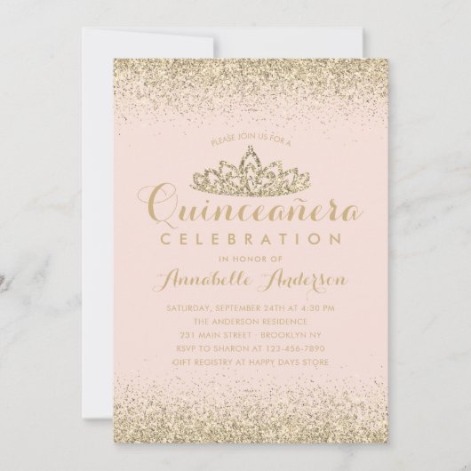 グラム赤面ピンクキンセアニラ金ゴールドティアラグリッター 招待状 (正面)