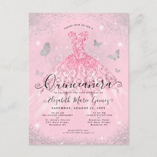 グラム赤面ピンクシルバーグリッターガウンキンセアニェラ ポストカード (正面)