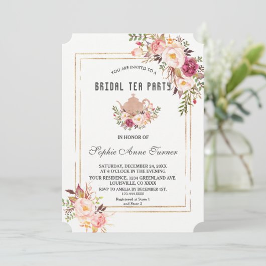 グラム赤面ピンクフローラブライダルシャワーティーパーティー 招待状 (スタンド正面)