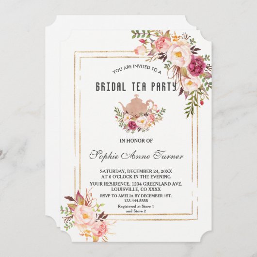 グラム赤面ピンクフローラブライダルシャワーティーパーティー 招待状 (正面/裏面)