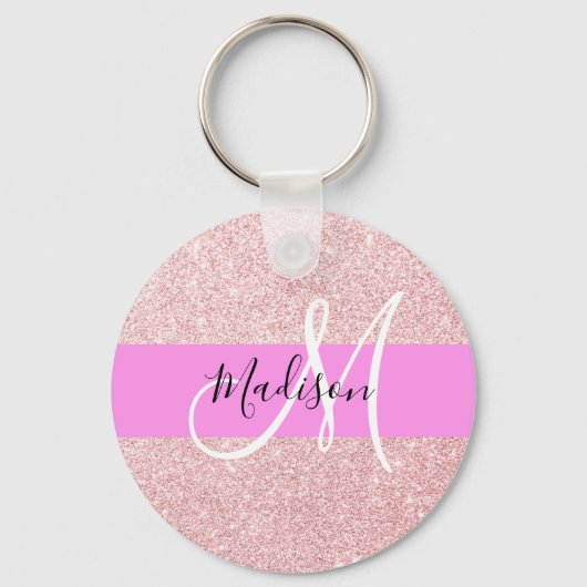 グラム赤面ピンクローズ金ゴールドグリッタースパークルモノグラム キーホルダー (正面)