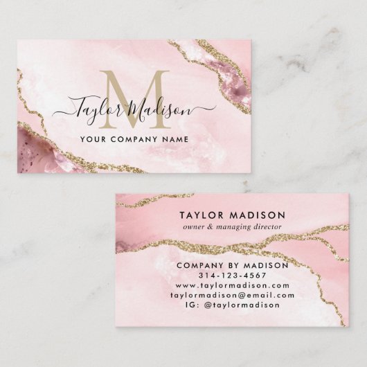 グラム赤面ピンク金ゴールドグリッターマーブルアガテモノグラム 名刺 (正面/裏面)