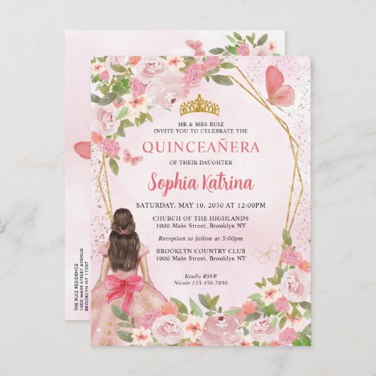 グラム赤面ピンク金ゴールドフローラプリンセスキンセアニラ インビテーションポストカード (正面/裏面)