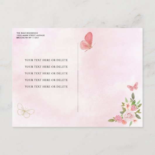 グラム赤面ピンク金ゴールドフローラプリンセスキンセアニラ インビテーションポストカード (裏面)