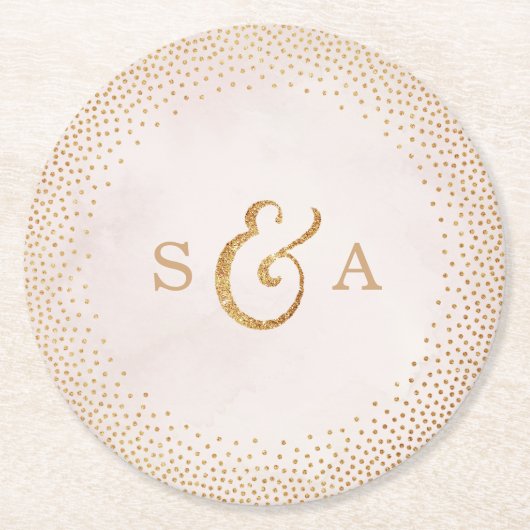グラム赤面フェイクグリッターバラ金ゴールド結婚モノグラム ラウンドペーパーコースター (正面)