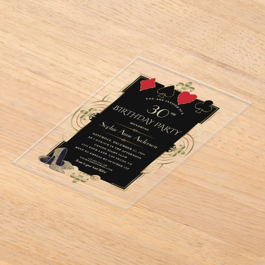 グラム金ゴールドアールデコカジノトランプのポーカー30th Birthday アクリル招待状 (レイダウン)