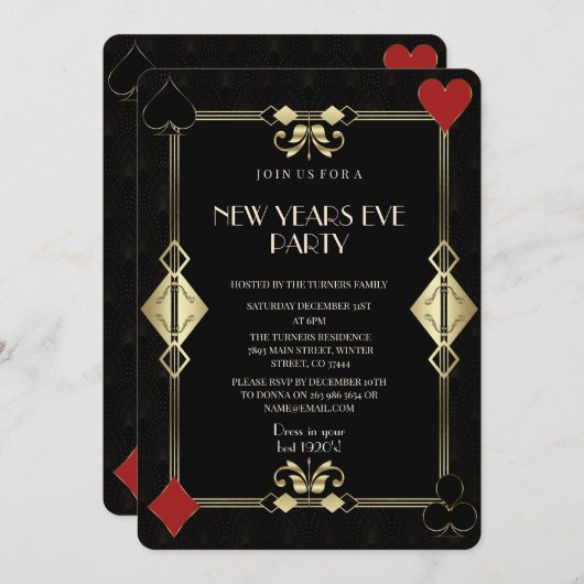 グラム金ゴールドアールデコカジノナイトニューイヤーイブパーティー 招待状 (正面/裏面)