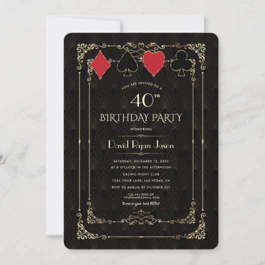 グラム金ゴールドアールデコカジノロイヤルトランプのポーカー誕生日 招待状 (正面)