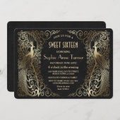 グラム金ゴールドアールデコピーコックSweet sixteenパーティー 招待状 (正面/裏面)
