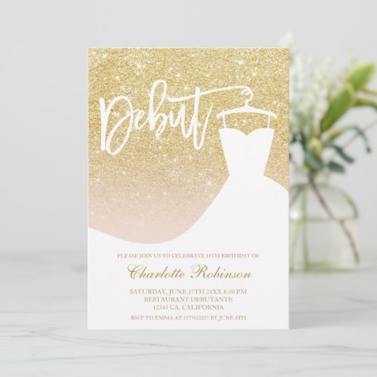 グラム金ゴールドグリッターエレガントシックなドレス18thデビュー 招待状 (スタンド正面)