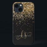 グラム金ゴールドグリッターエレガントモノグラム iPhone 13ケース<br><div class="desc">Glam金ゴールドグリッターエレガントモノグラムiPhoneケース。簡単にカスタマイズこのトレンディーシックな電話ケースデザインエレガントは、黒い背景にきらめく金ゴールドグリッターを搭載する。このデザインは、渦巻きと名前を持つ手書きかわいらしスクリプトモノグラムを特徴とする。</div>