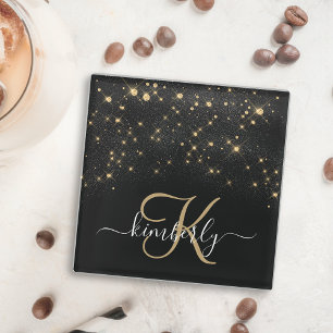 グラム金ゴールドグリッターダイヤモンドスパークルモノグラエレガントム ガラスコースター