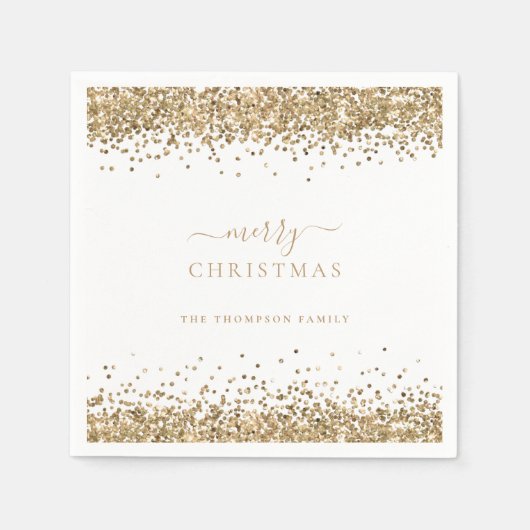 グラム金ゴールドグリッターホワイトネームメリークリスマス スタンダードカクテルナプキン (正面)