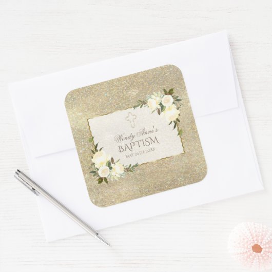 グラム金ゴールドグリッターホワイトフローラバプテスマ招待状 スクエアシール (封筒)