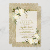 グラム金ゴールドグリッターホワイトフローラ金ゴールドクロスバプテスマ 招待状 (正面/裏面)
